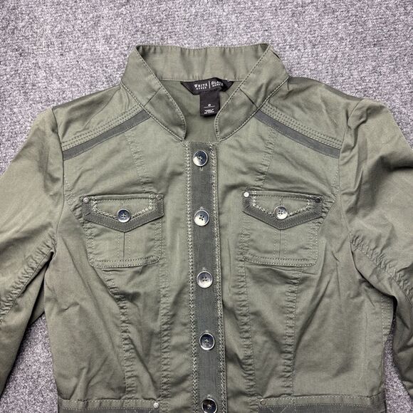 White House Black Market WHBM Khaki Green Button Up Stretch Fit Jacket Size 0 - Picture 3 of 8
